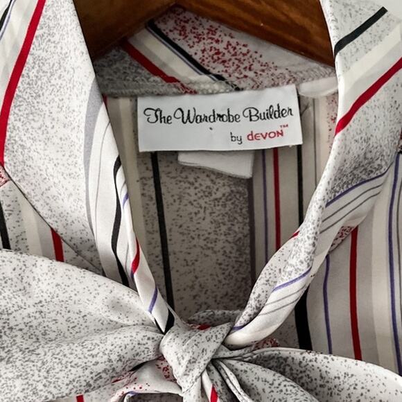 Vintage Devon striped neck bow secretary blouse red gray white size large L - Picture 6 of 9